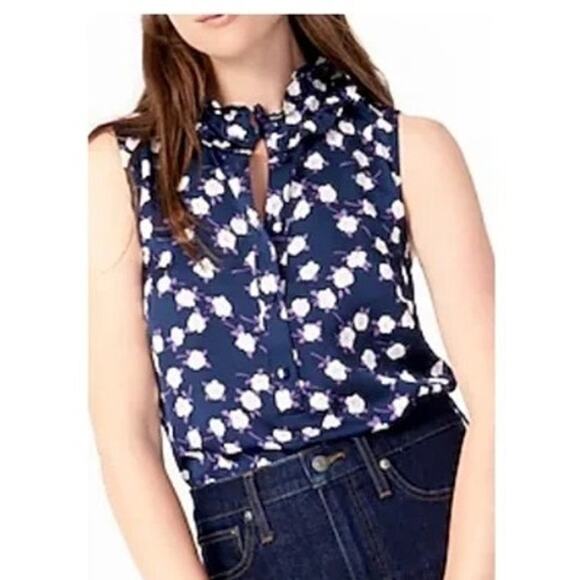 J. Crew Liberty Ruffle Neck Scattered Peony Print Sleeveless VNeck S Blue Purple - Picture 1 of 15
